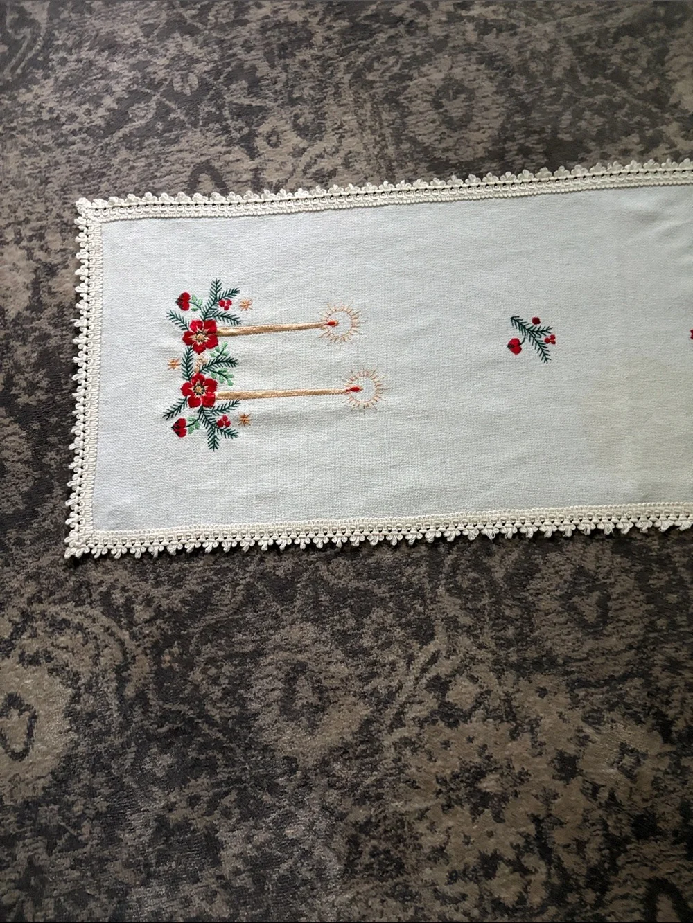 Hand-Embroidered White Holiday Table Runner with Red Floral Candles 41”L x 14”W